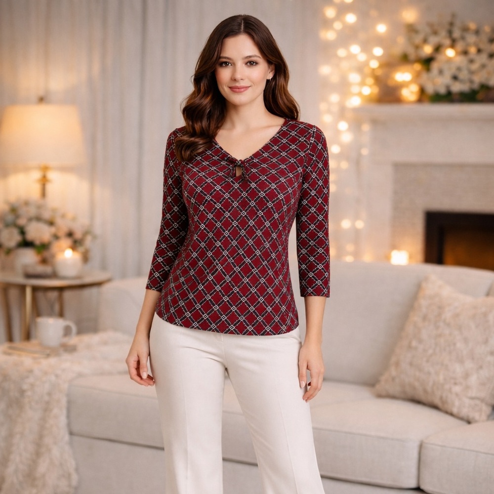 Liz Claiborne Red White Black Patterned Blouse